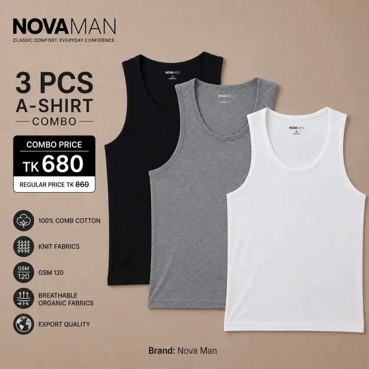 Nova Man Men's Solid Activewear Tank Top – 100% Cotton Single Jersey Regular Fit Sleeveless Vest