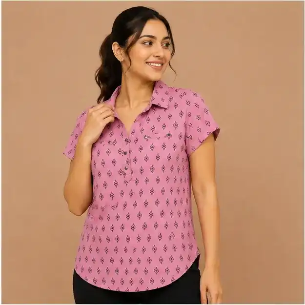 আয়রন-ফ্রি  প্রিন্টেড লেডিস শার্ট | Knit Single Jersey | 95% Polyester 5% Spandex | Pink