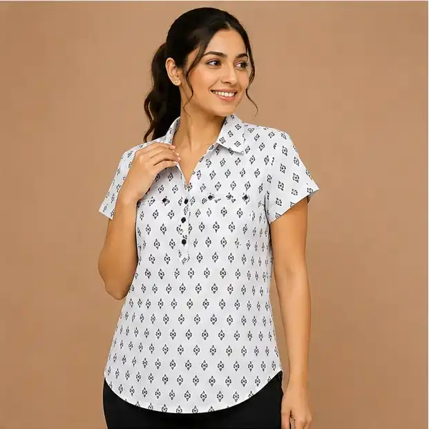 আয়রন-ফ্রি প্রিন্টেড লেডিস শার্ট | Knit Single Jersey | 95% Polyester 5% Spandex | White