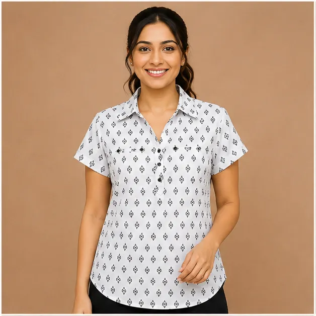 Ladies Printed Knit Shirt |Iron Free |White