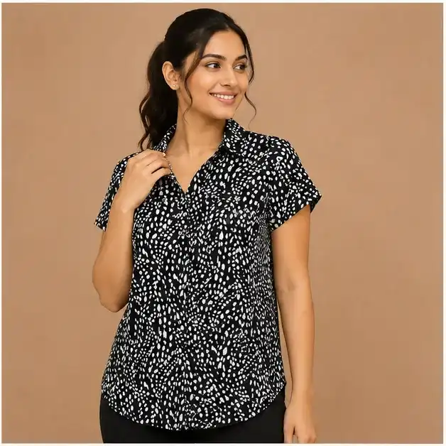 আয়রন-ফ্রি প্রিন্টেড লেডিস শার্ট | Knit Single Jersey | 95% Polyester 5% Spandex | Black