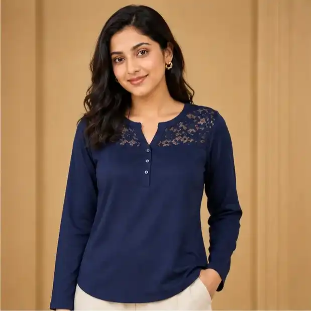 Ladies Long sleeve Lace Tops |Iron Free | Navy