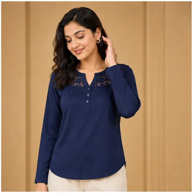Ladies Long sleeve Lace Tops |Iron Free | Navy
