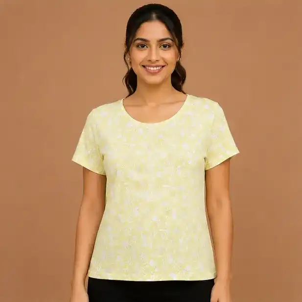 Ladies Floral Printed T-shirt |Iron Free | Yellow