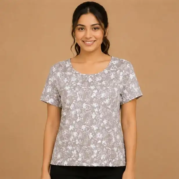 Ladies Floral Printed T-shirt |Iron Free | Gray