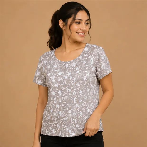 Ladies Floral Printed T-shirt |Iron Free | Gray