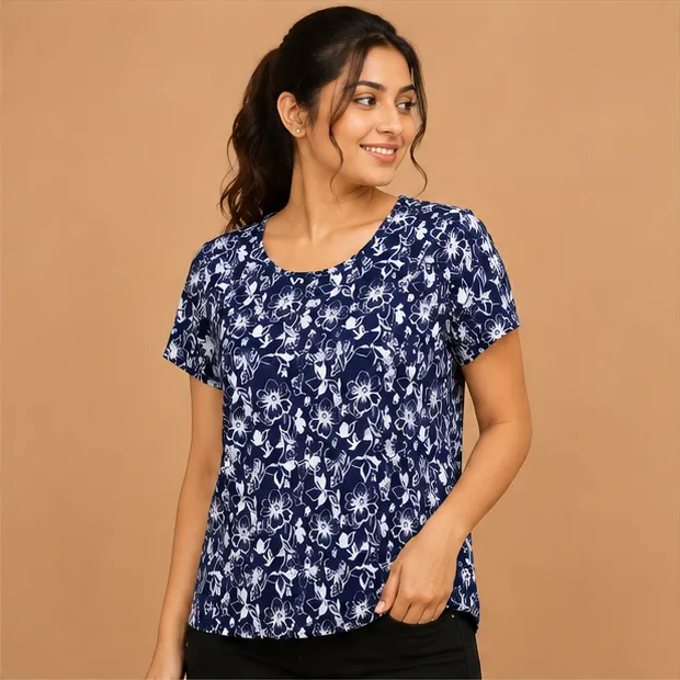 Ladies Floral Printed T-shirt |Iron Free | Navy Blue
