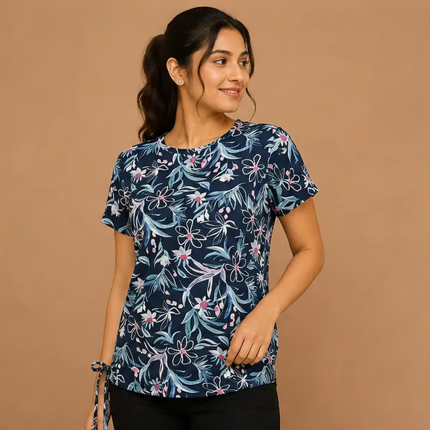 Ladies Floral Printed Knit Tops |Iron Free |Navy Blue