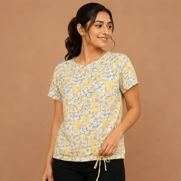 Ladies Floral Printed Knit Tops |Iron Free | Yellow