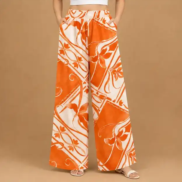 ONLY Ladies All Over Printed Wide Leg Trouser | Pull-On Cotton Pant with Side Pocket | Remi Cotton Fabrics | Orrange