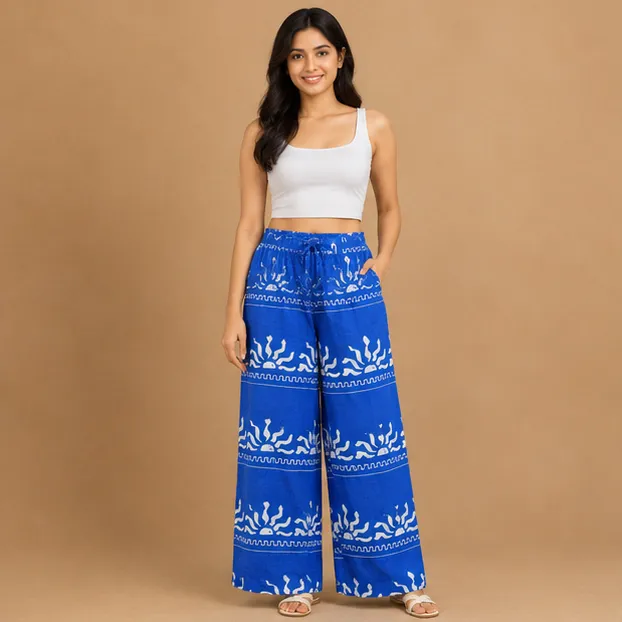 Ladies All Over Printed Wide Leg Trouser | Cobalt Blue