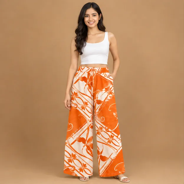 Ladies All Over Printed Wide Leg Trouser | orrange
