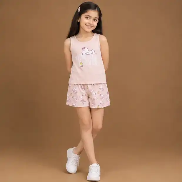 Girls Printed Tank Top & Short Pant Set | 100% Cotton | Pink